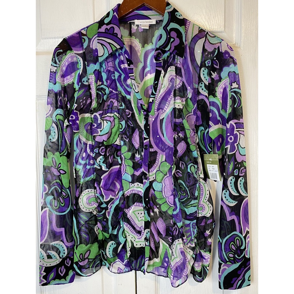 Erin London Small Sheer Abstract Print Top Purple Green Mod Retro Artsy